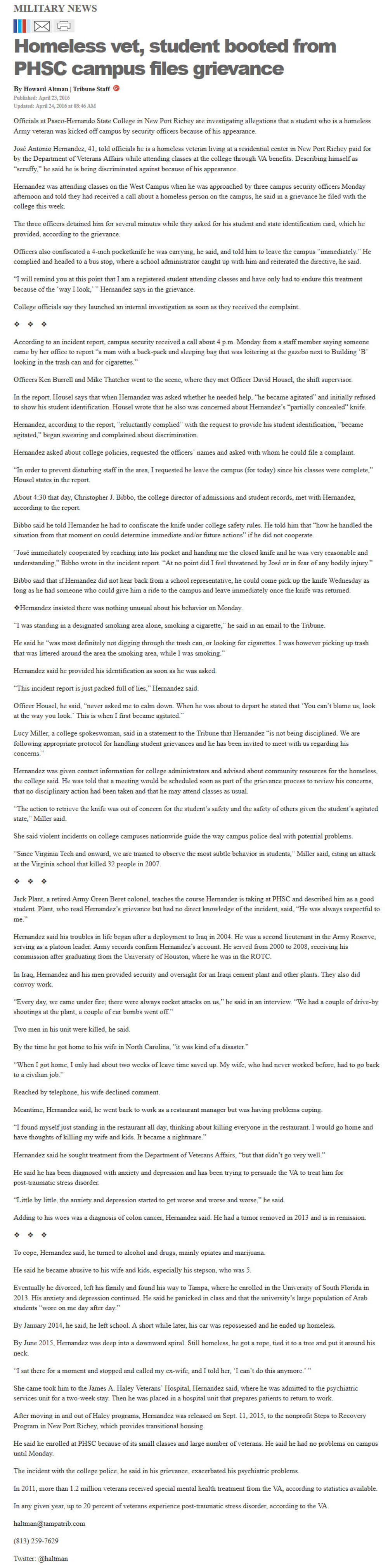 image of article Homeless vet, student booted from PHSC campus files grievance