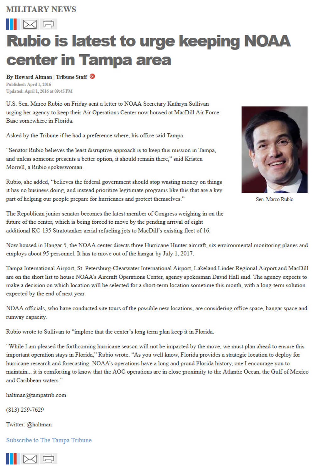 image of article Rubio is latest to urge keeping NOAA center in Tampa area
