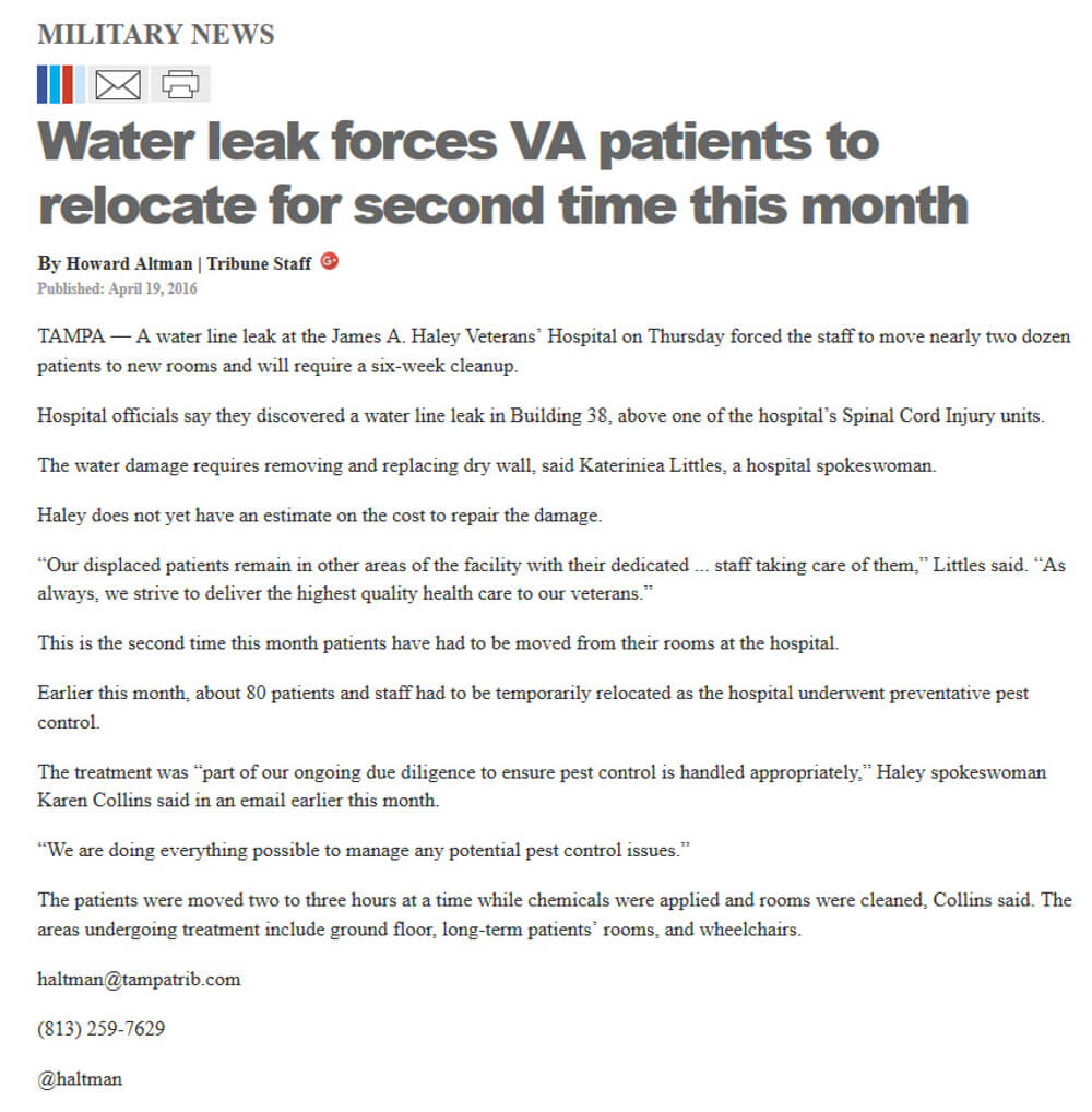 image of article Water leak forces VA patients to relocate for second time this month