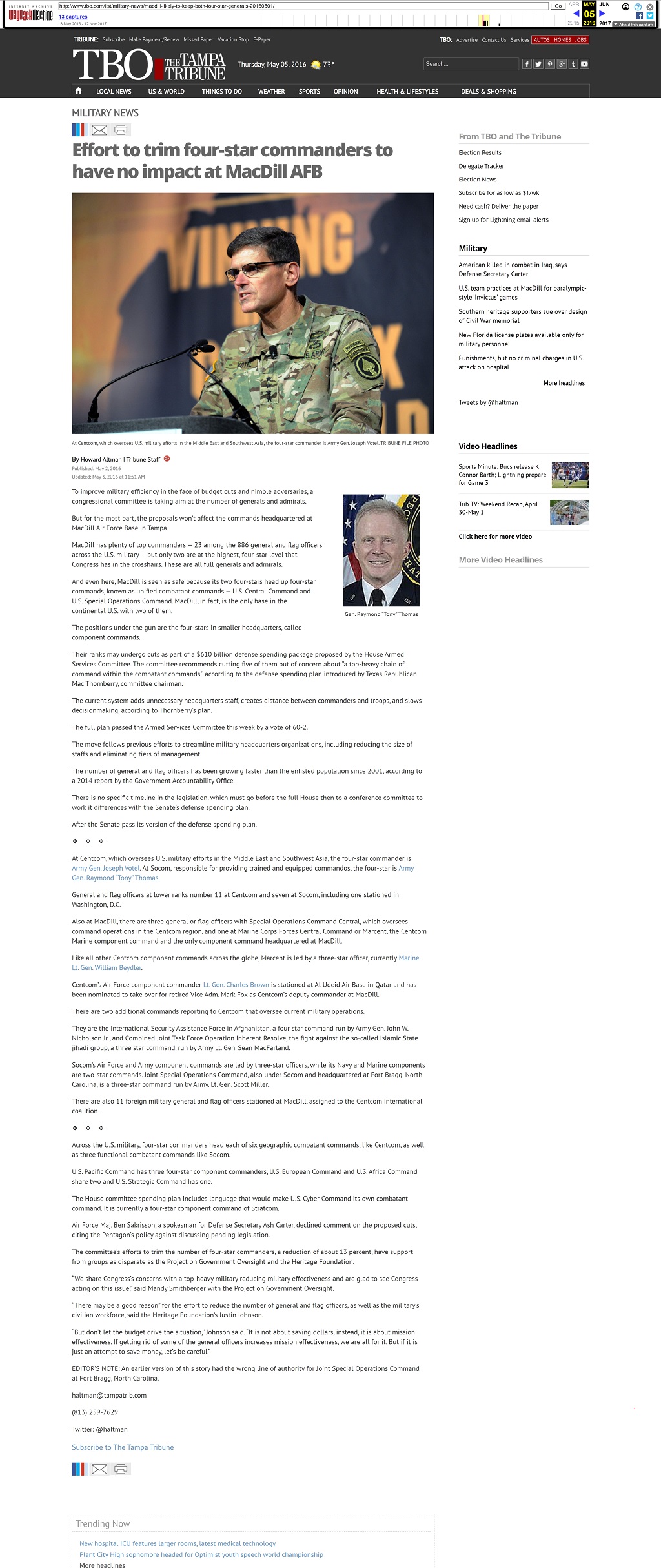 Effort to trim four-star commanders to have no impact at MacDill AFB by Howard Altman, The Tampa Tribune 5/2/2016