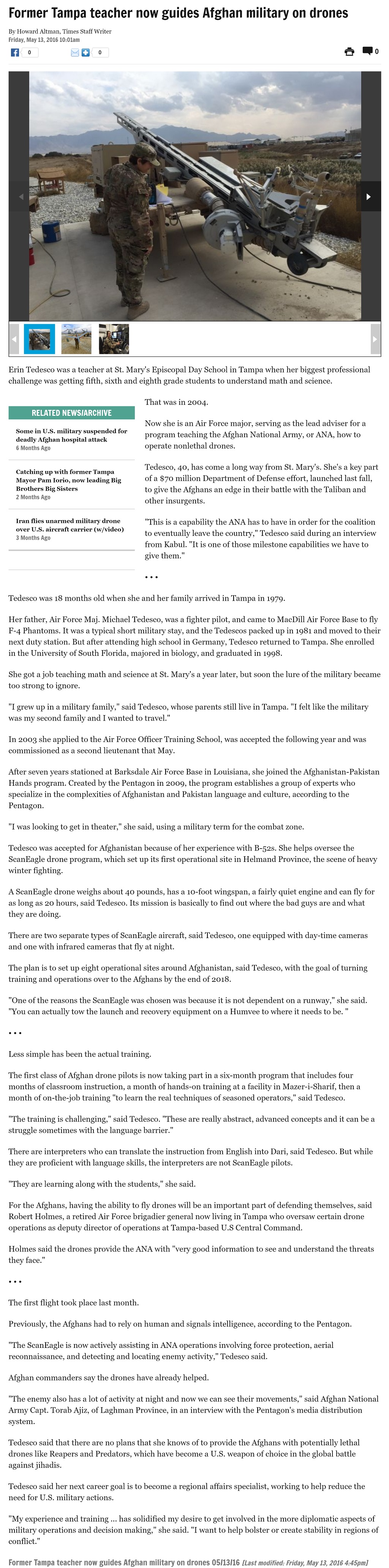 Article Former Tampa teacher now guides Afghan military on drones by Howard Altman, Tampa Bay Times 5/13/2016