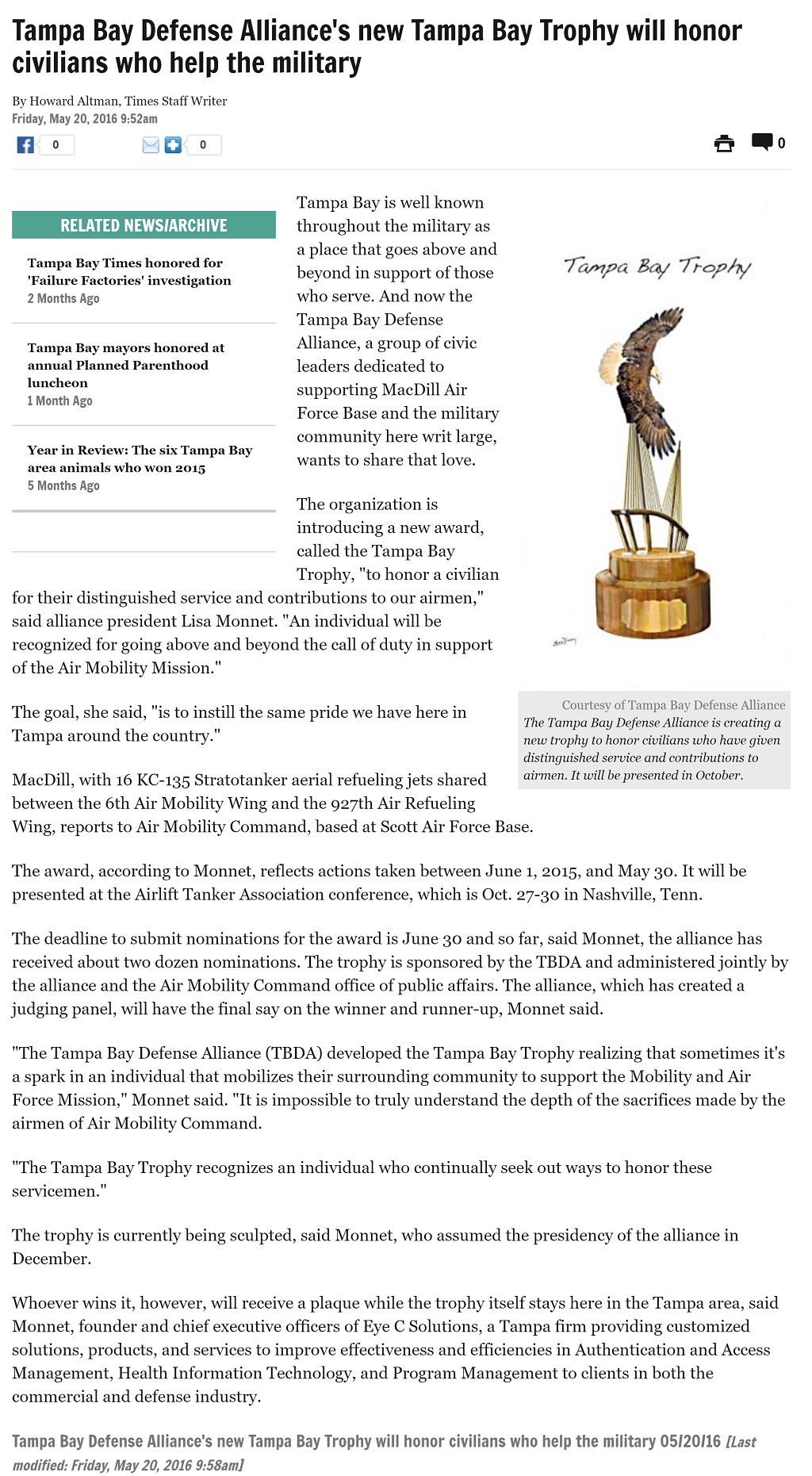 Tampa Bay Defense Alliance's new Tampa Bay Trophy will honor civilians who help the military by Howard Altman, Tampa Bay Times 5/20/2016