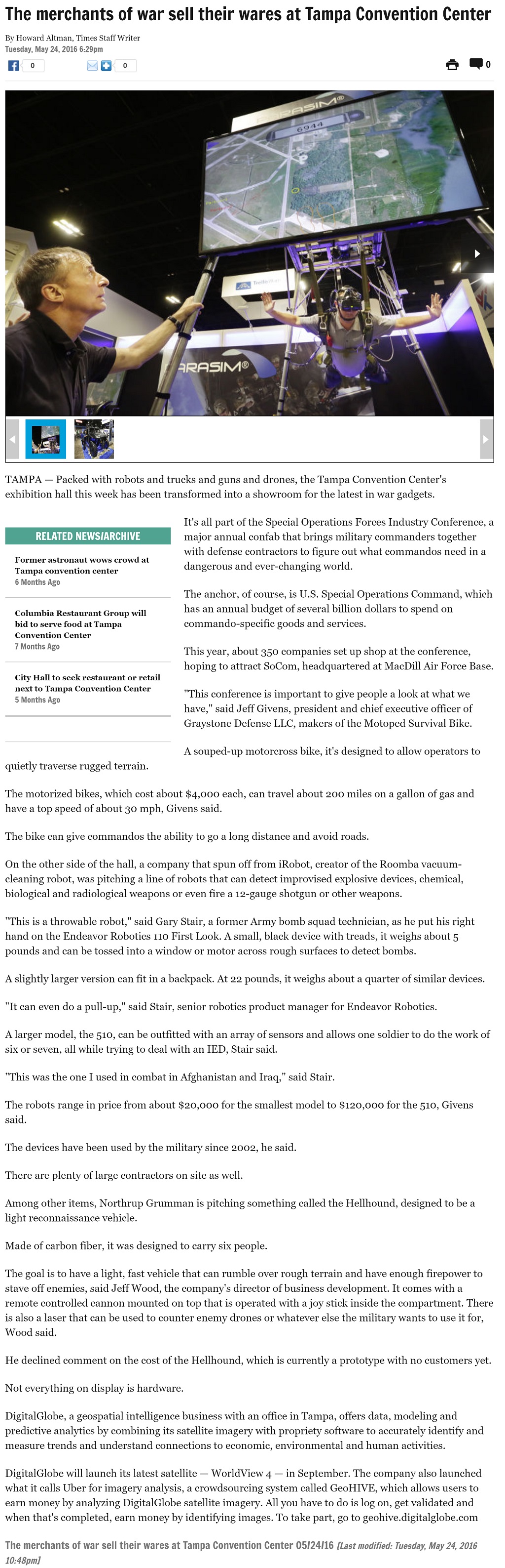 Article The merchants of war sell their wares at Tampa Convention Center by Howard Altman, Tampa Bay Times 5/24/2016