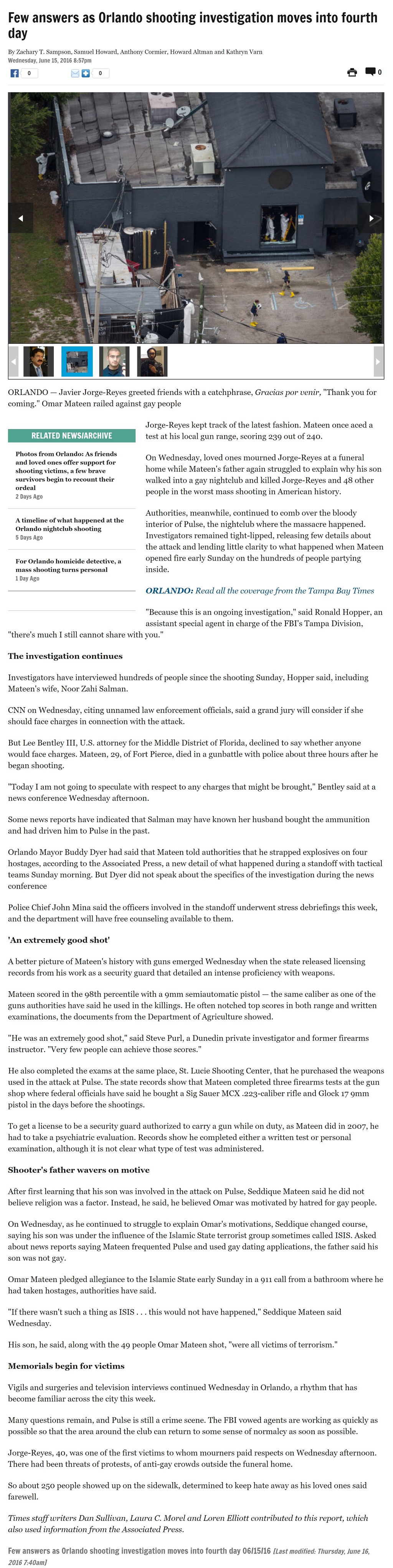 Few answers as Orlando shooting investigation moves into fourth day by Howard Altman et al., Tampa Bay Times 6/15/2016