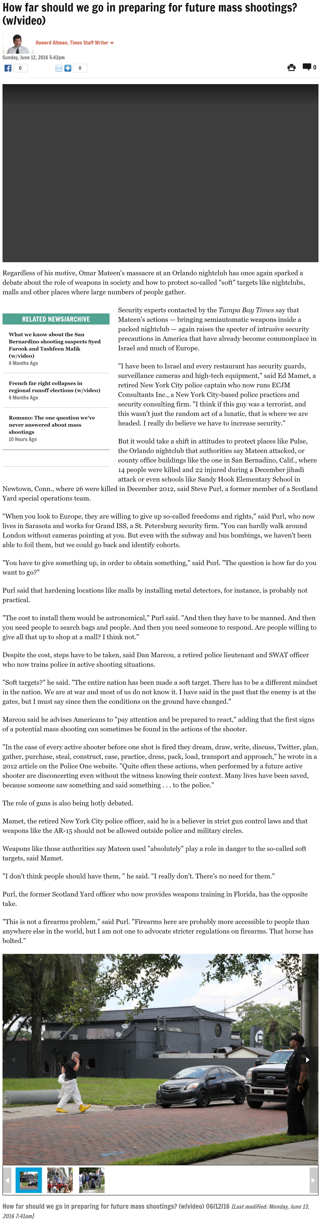 Article How far should we go in preparing for future mass shootings? (w/video) How far should we go in preparing for future mass shootings? (w/video) by Howard Altman, Tampa Bay Times 6/12/2016