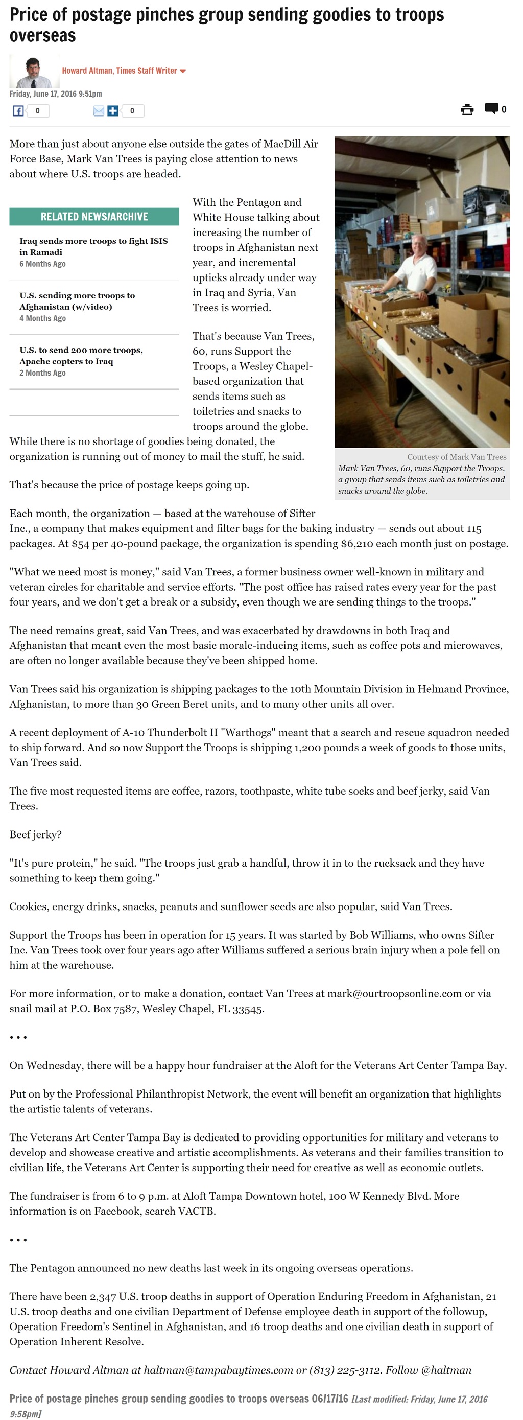 Article Price of postage pinches group sending goodies to troops overseas Price of postage pinches group sending goodies to troops overseas by Howard Altman, Tampa Bay Times 6/17/2016