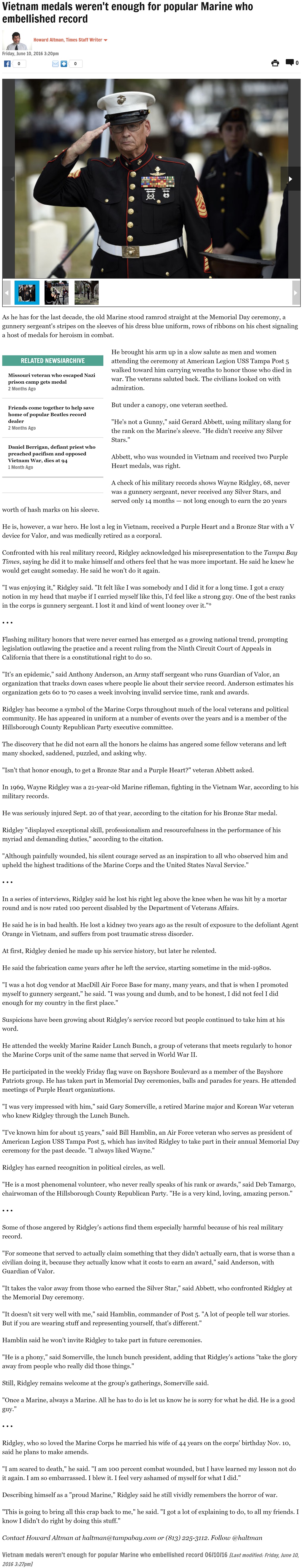 Article Vietnam medals weren't enough for popular Marine who embellished record Vietnam medals weren't enough for popular Marine who embellished record by Howard Altman, Tampa Bay Times 6/10/2016