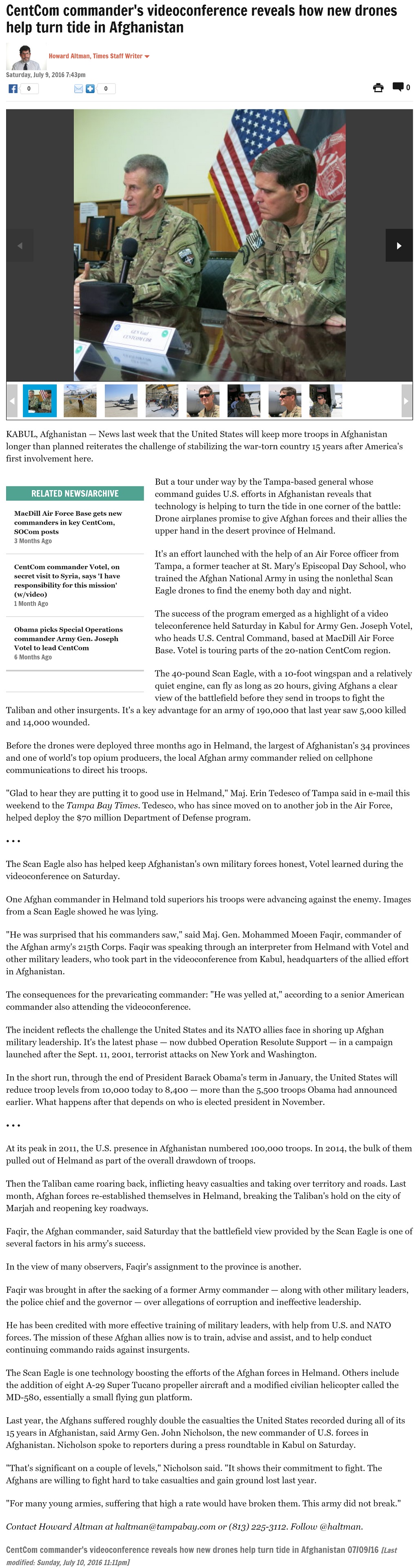 CentCom commander's videoconference reveals how new drones help turn tide in Afghanistan by Howard Altman, Tampa Bay Times 7/9/2016