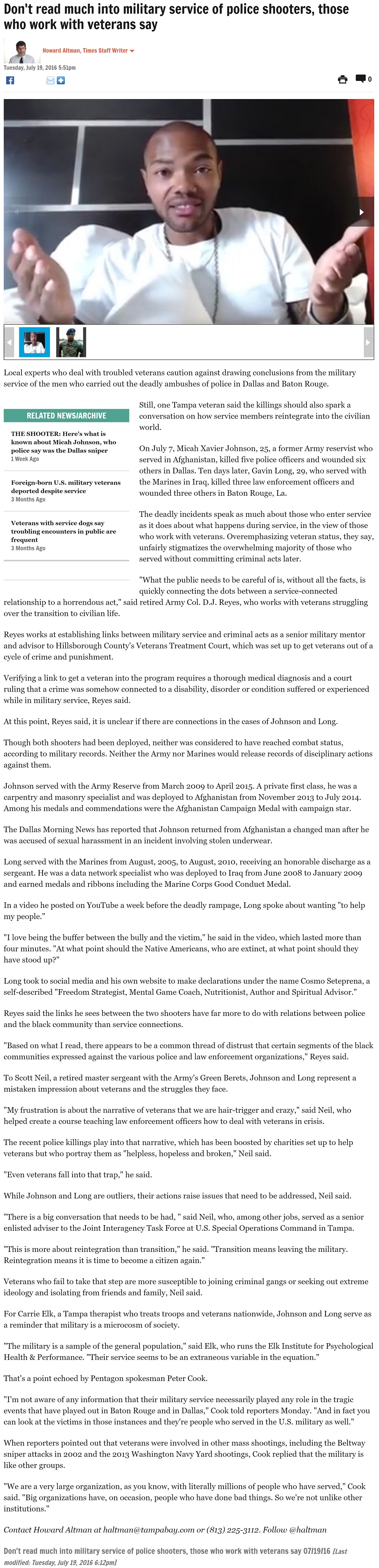 Don't read much into military service of police shooters, those who work with veterans say by Howard Altman, Tampa Bay Times 7/19/2016