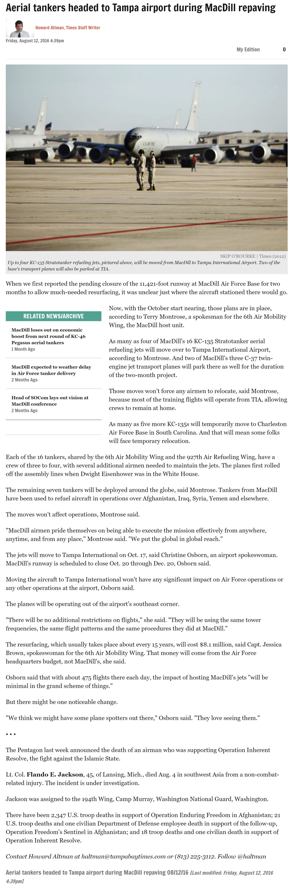 Article Aerial tankers headed to Tampa airport during MacDill repaving Aerial tankers headed to Tampa airport during MacDill repaving by Howard Altman, Tampa Bay Times 8/12/2016