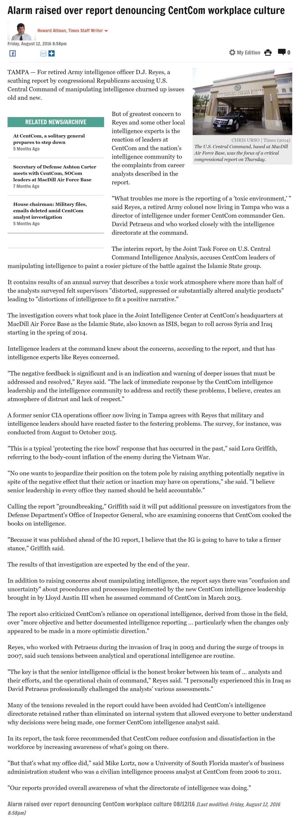 Alarm raised over report denouncing CentCom workplace culture by Howard Altman, Tampa Bay Times 8/12/2016