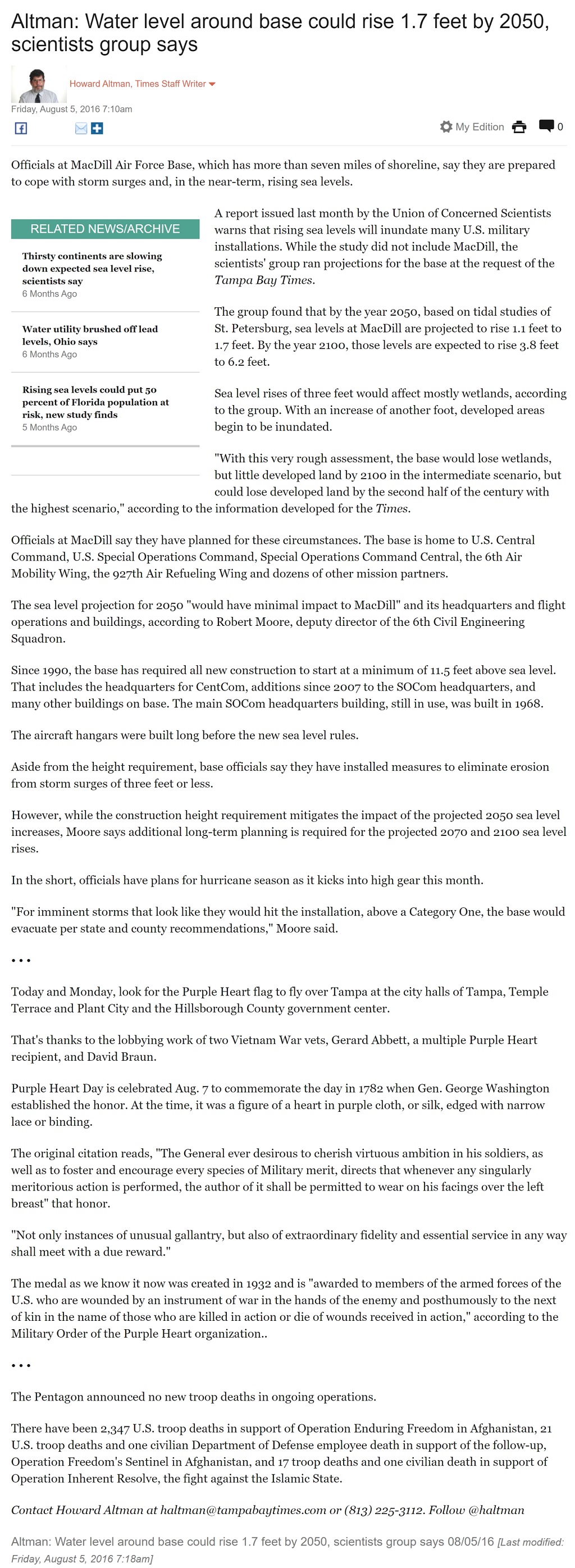 Altman: Water level around base could rise 1.7 feet by 2050, scientists group says by Howard Altman, Tampa Bay Times 8/5/2016