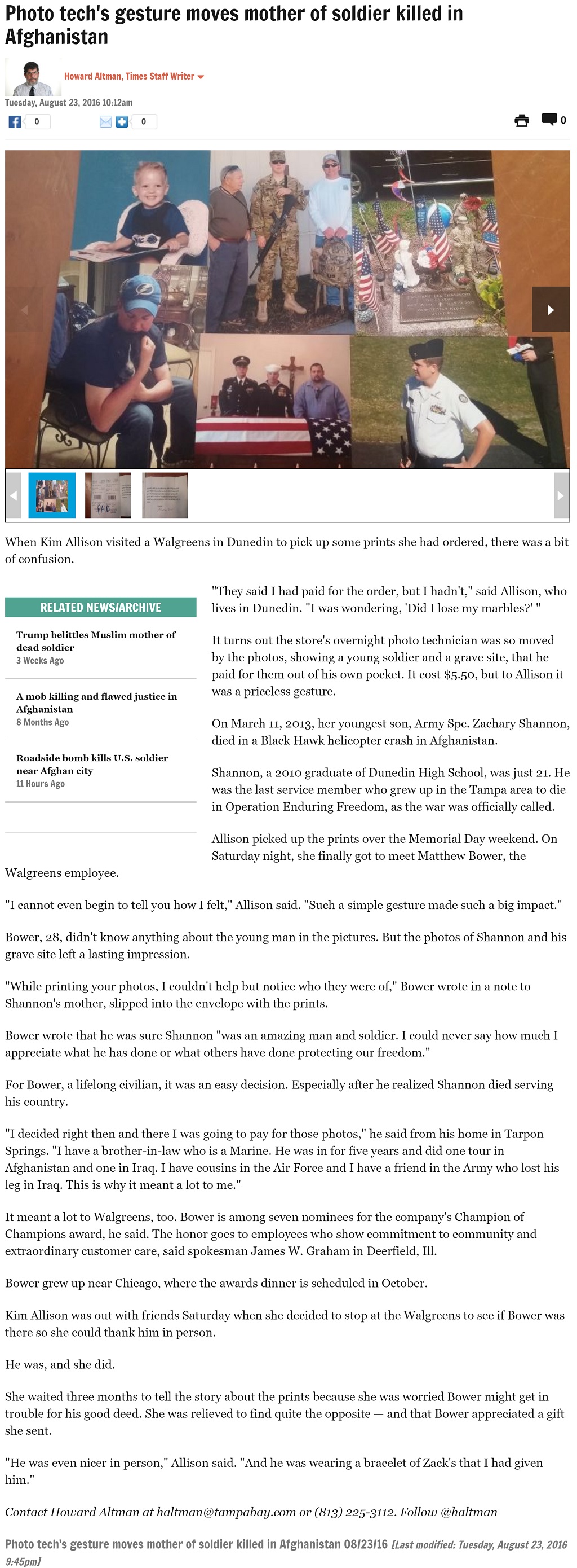 Article Photo tech's gesture moves mother of soldier killed in Afghanistan Photo tech's gesture moves mother of soldier killed in Afghanistan by Howard Altman, Tampa Bay Times 8/23/2016
