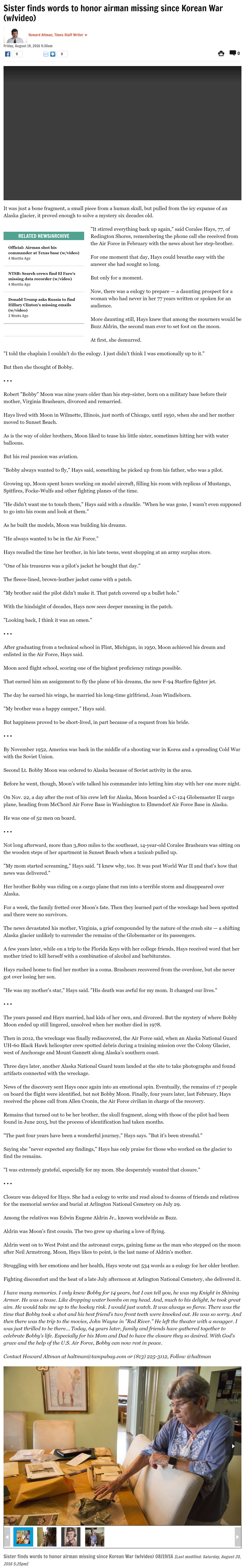 Article Sister finds words to honor airman missing since Korean War (w/video) Sister finds words to honor airman missing since Korean War (w/video) by Howard Altman, Tampa Bay Times 8/19/2016