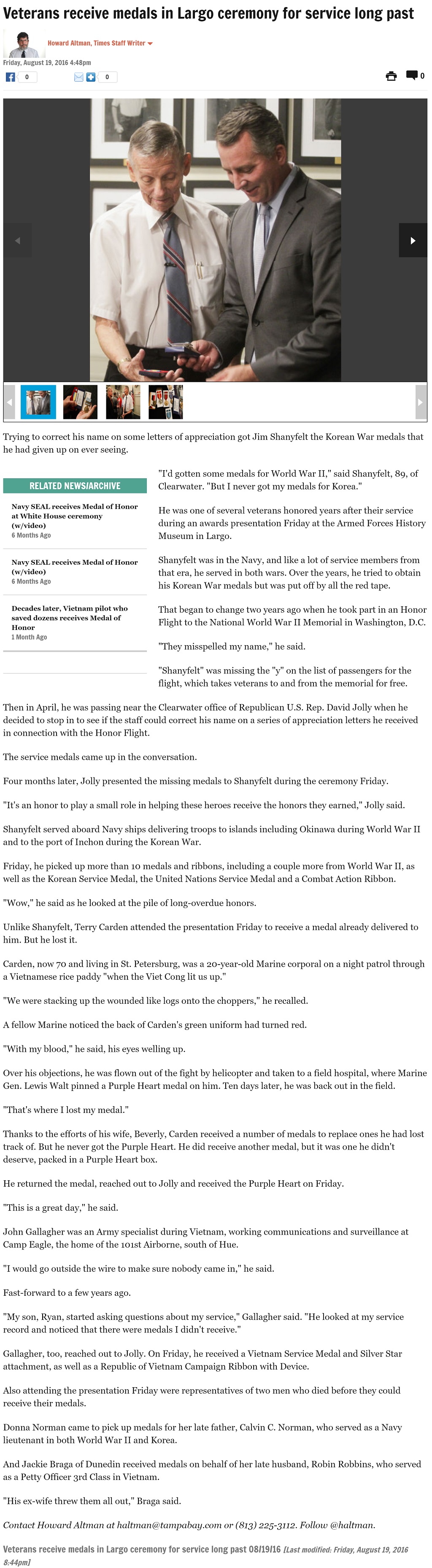 Article Veterans receive medals in Largo ceremony for service long past Veterans receive medals in Largo ceremony for service long past by Howard Altman, Tampa Bay Times 8/19/2016