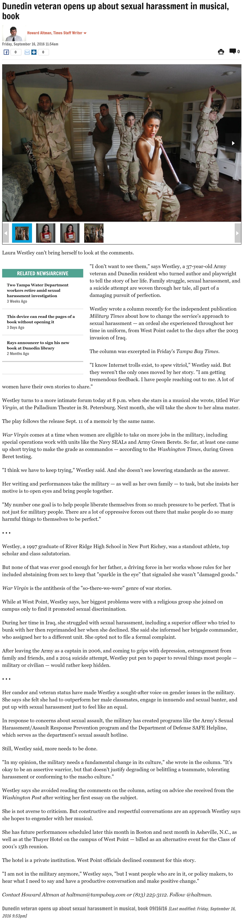 Dunedin veteran opens up about sexual harassment in musical, book by Howard Altman, Tampa Bay Times 9/16/2016