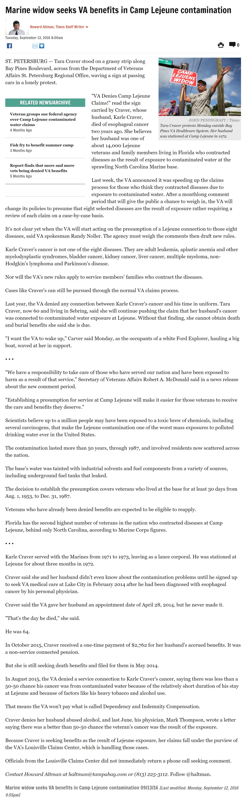 Article Marine widow seeks VA benefits in Camp Lejeune contamination Marine widow seeks VA benefits in Camp Lejeune contamination by Howard Altman, Tampa Bay Times 9/13/2016