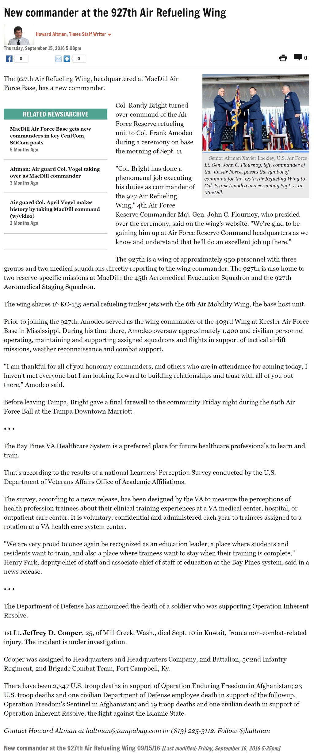 Article New commander at the 927th Air Refueling Wing New commander at the 927th Air Refueling Wing by Howard Altman, Tampa Bay Times 9/15/2016