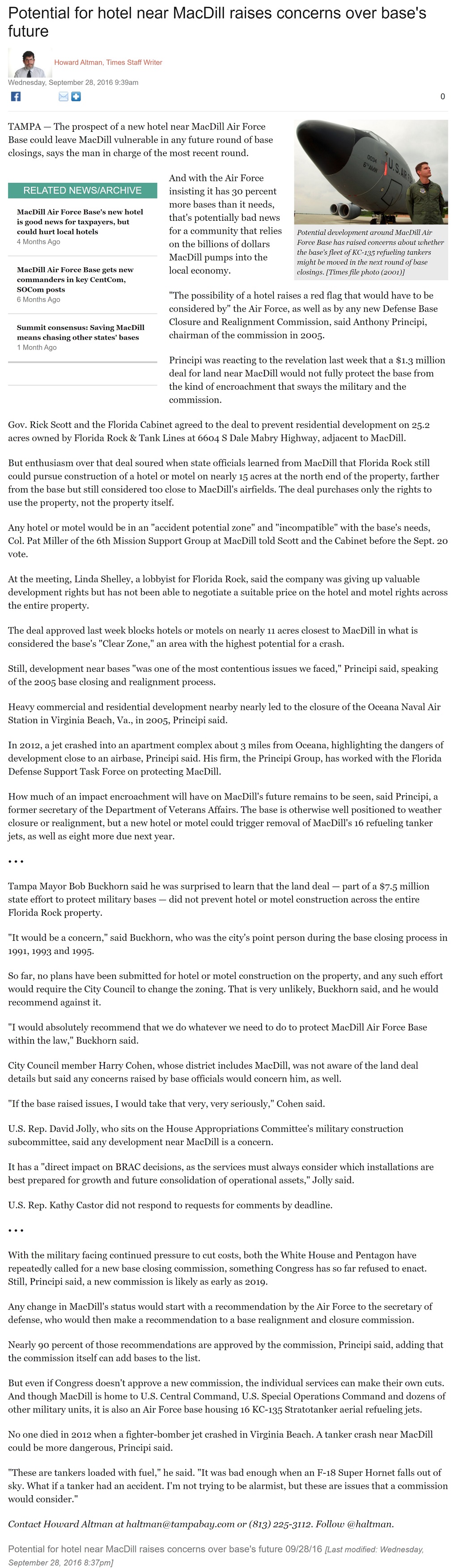 Article Potential for hotel near MacDill raises concerns over base's future Potential for hotel near MacDill raises concerns over base's future by Howard Altman, Tampa Bay Times 9/28/2016