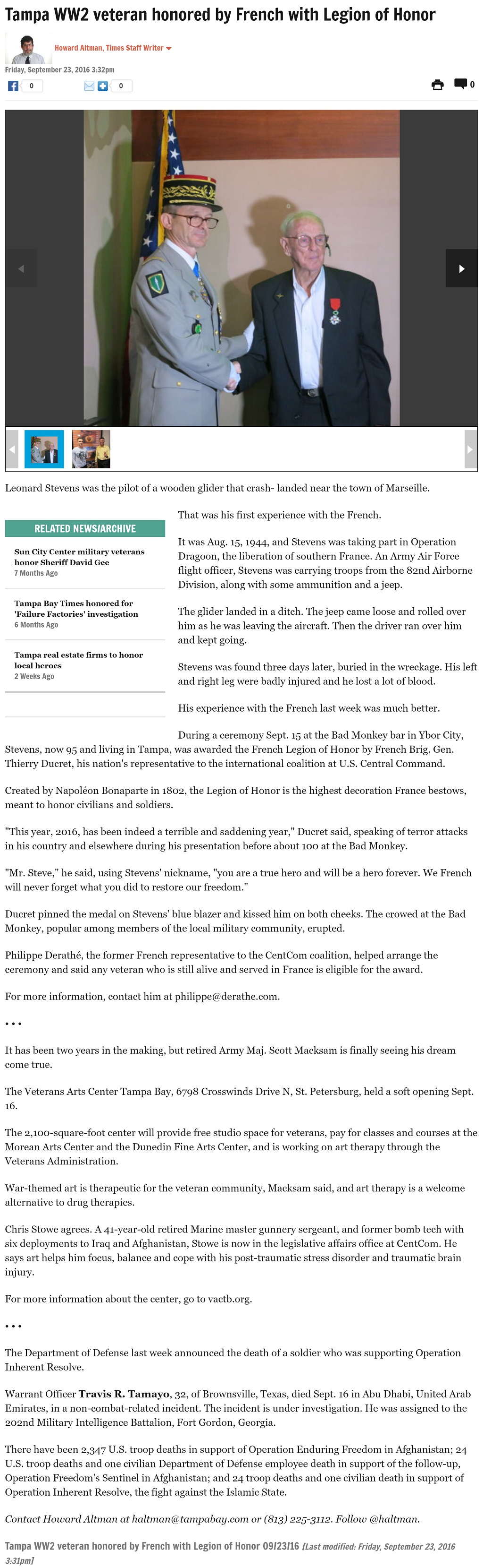 Article Tampa WW2 veteran honored by French with Legion of Honor Tampa WW2 veteran honored by French with Legion of Honor by Howard Altman, Tampa Bay Times 9/23/2016