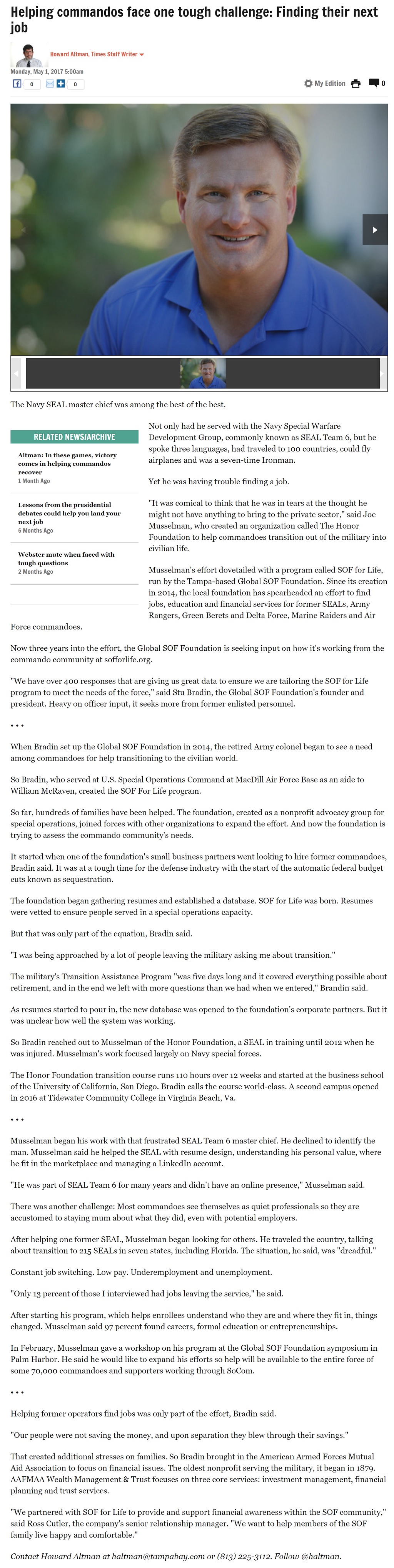 Helping commandos face one tough challenge: Finding their next job by Howard Altman, Tampa Bay Times 5/1/2017