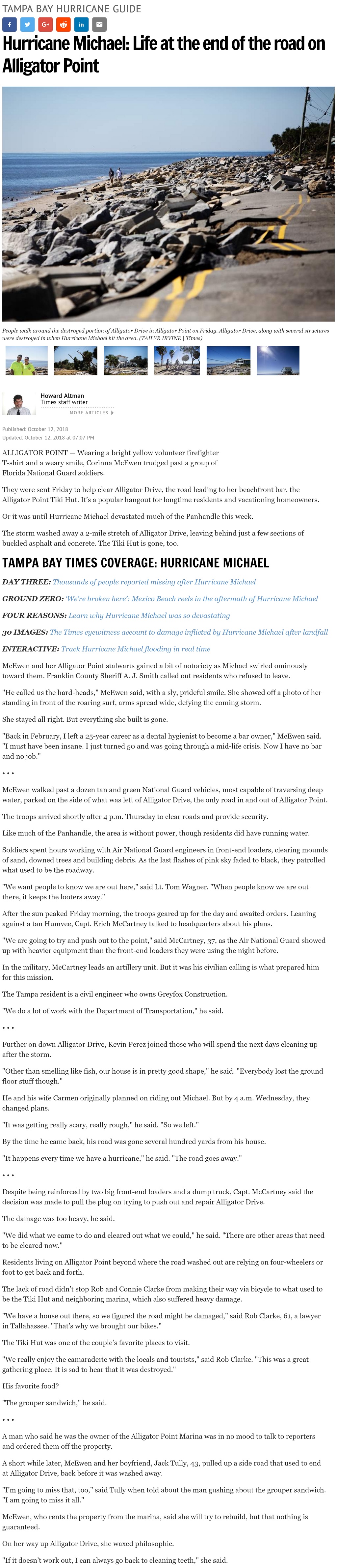 Article Hurricane Michael: Life at the end of the road on Alligator Point Hurricane Michael: Life at the end of the road on Alligator Point by Howard Altman, Tampa Bay Times 10/12/2018