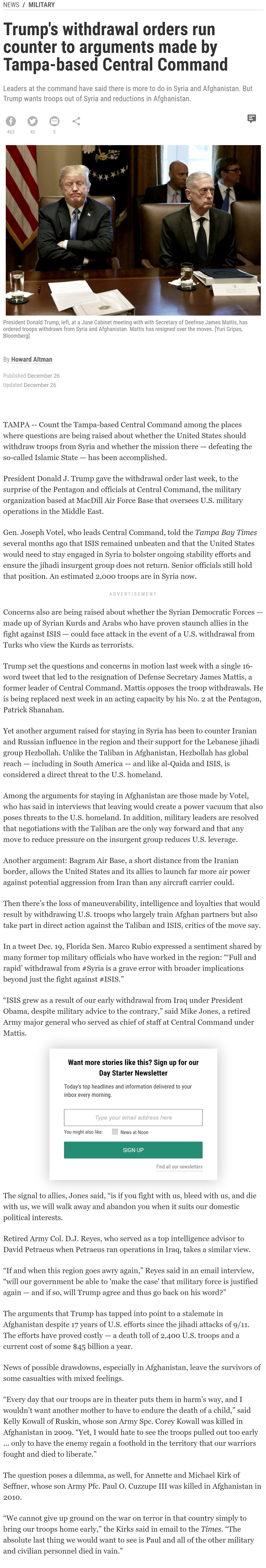 Trump's withdrawal orders run counter to arguments made by Tampa-based Central Command by Howard Altman, Tampa Bay Times 12/26/2018