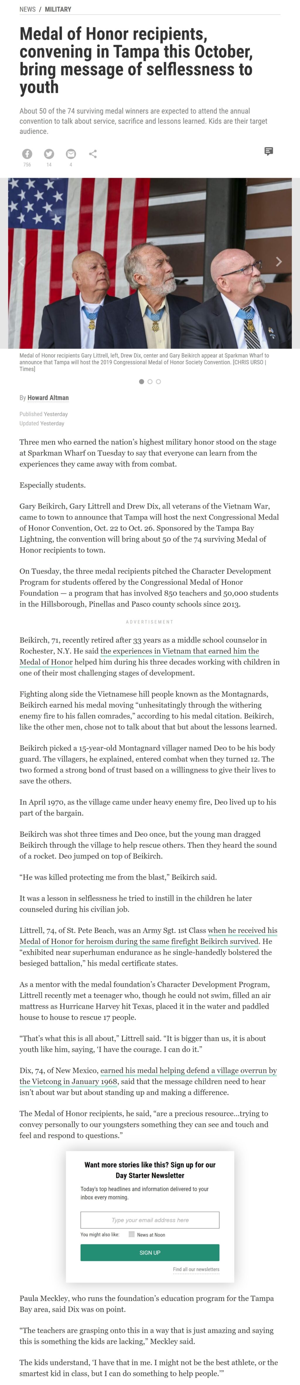 Article Medal of Honor recipients, convening in Tampa this October, bring message of selflessness to youth Medal of Honor recipients, convening in Tampa this October, bring message of selflessness to youth by Howard Altman, Tampa Bay Times 1/9/2019