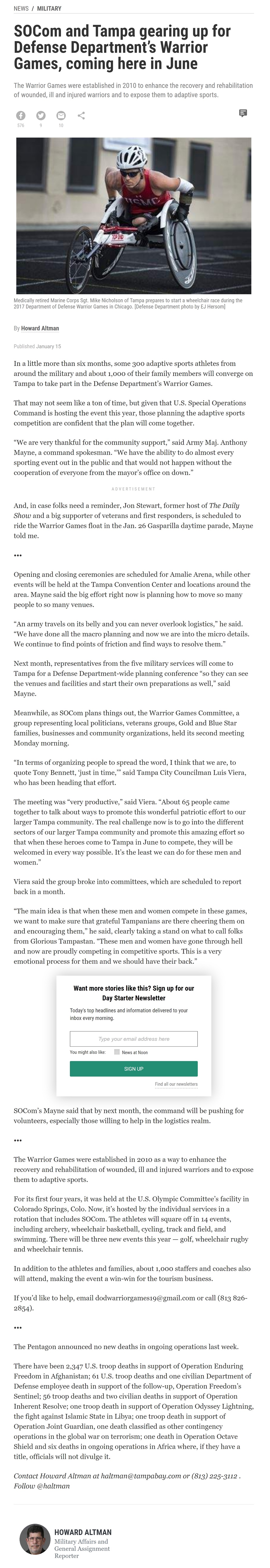 Article SOCom and Tampa gearing up for Defense Department’s Warrior Games, coming here in June SOCom and Tampa gearing up for Defense Department’s Warrior Games, coming here in June by Howard Altman, Tampa Bay Times 1/15/2019