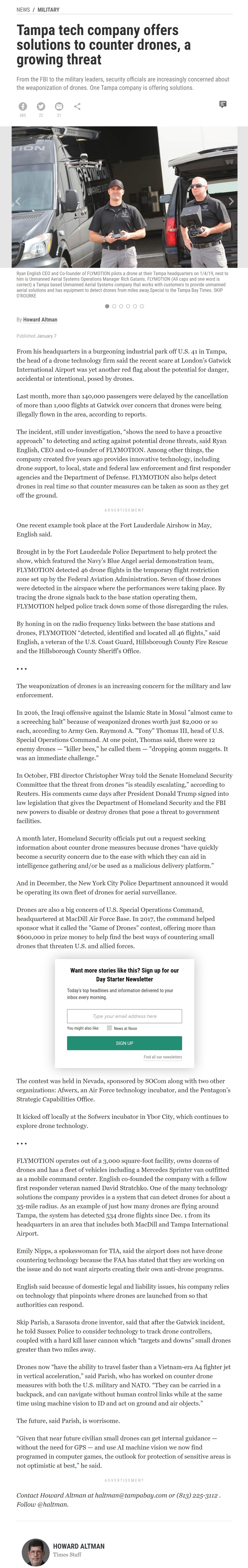 Article Tampa tech company offers solutions to counter drones, a growing threat Tampa tech company offers solutions to counter drones, a growing threat by Howard Altman, Tampa Bay Times 1/7/2019