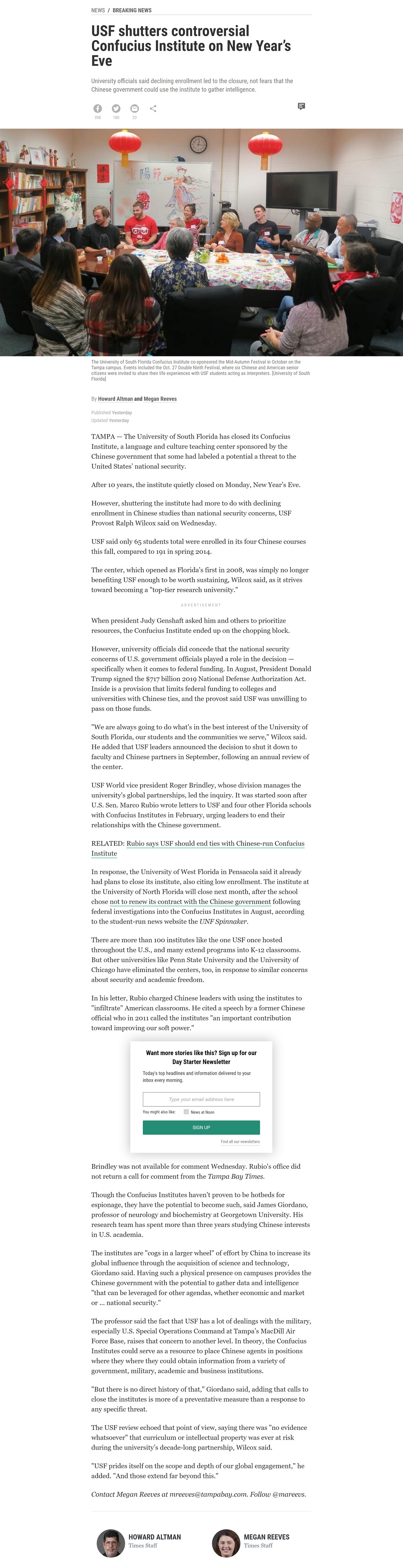 Article USF shutters controversial Confucius Institute on New Year’s Eve USF shutters controversial Confucius Institute on New Year’s Eve by Howard Altman and Megan Reeves, Tampa Bay Times 1/2/2019