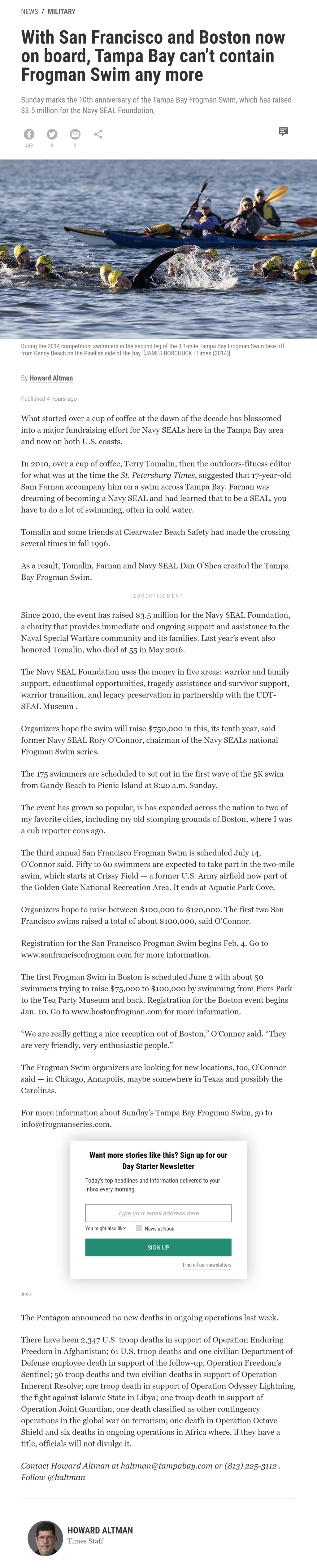 Article With San Francisco and Boston now on board, Tampa Bay can’t contain Frogman Swim any more With San Francisco and Boston now on board, Tampa Bay can’t contain Frogman Swim any more by Howard Altman, Tampa Bay Times 1/8/2019
