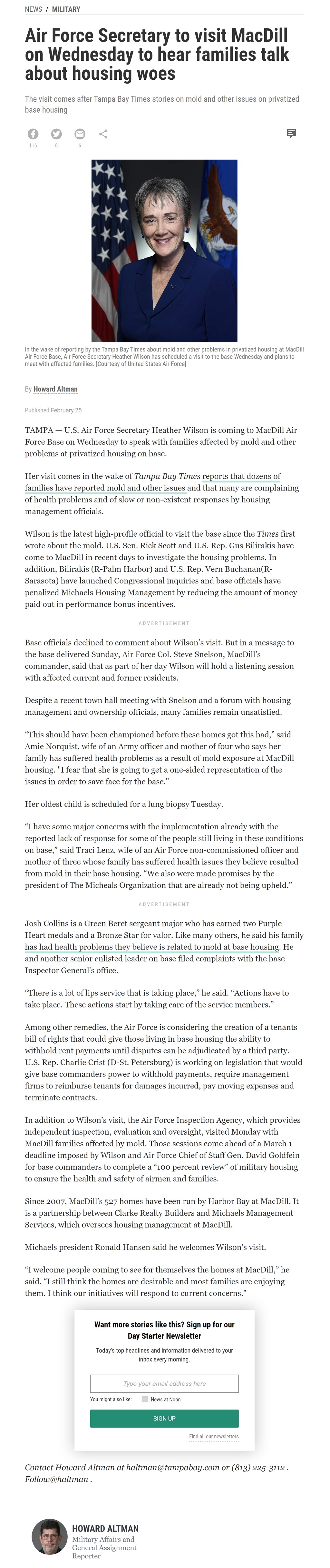 Article Air Force Secretary to visit MacDill on Wednesday to hear families talk about housing woes Air Force Secretary to visit MacDill on Wednesday to hear families talk about housing woes by Howard Altman, Tampa Bay Times 2/25/2019