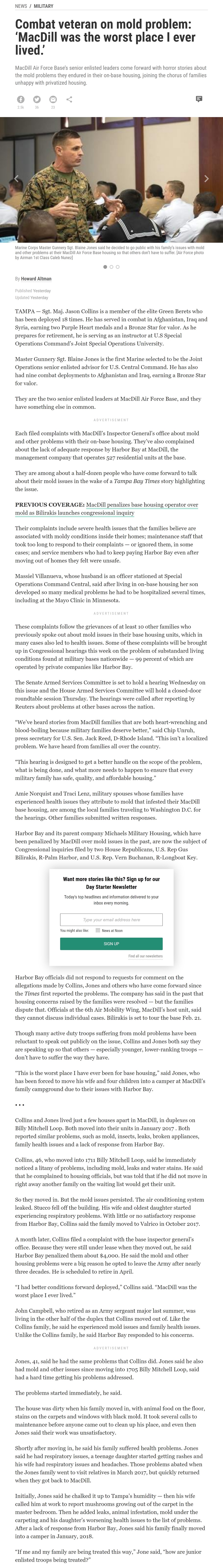 Article Combat veteran on mold problem: ‘MacDill was the worst place I ever lived.’ Combat veteran on mold problem: ‘MacDill was the worst place I ever lived.’ by Howard Altman, Tampa Bay Times 2/13/2019