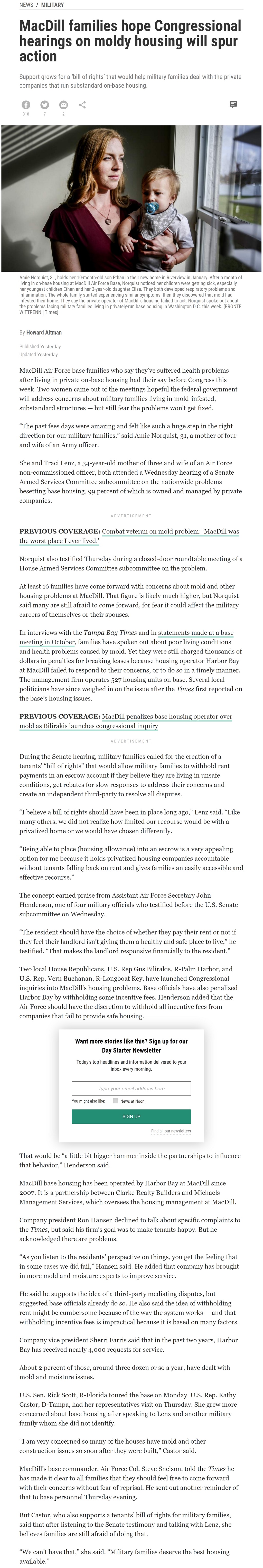 Article MacDill families hope Congressional hearings on moldy housing will spur action by Howard Altman, Tampa Bay Times 2/14/2019