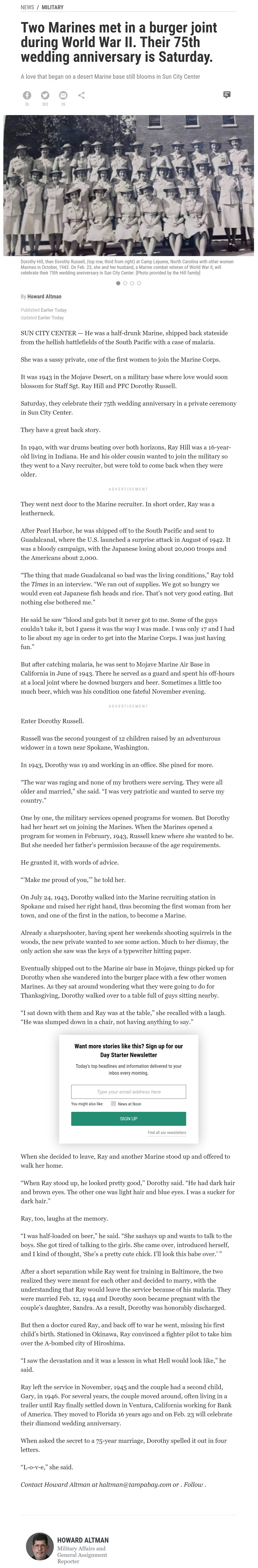 Article Two Marines met in a burger joint during World War II. Their 75th wedding anniversary is Saturday Two Marines met in a burger joint during World War II. Their 75th wedding anniversary is Saturday by Howard Altman, Tampa Bay Times 2/21/2019