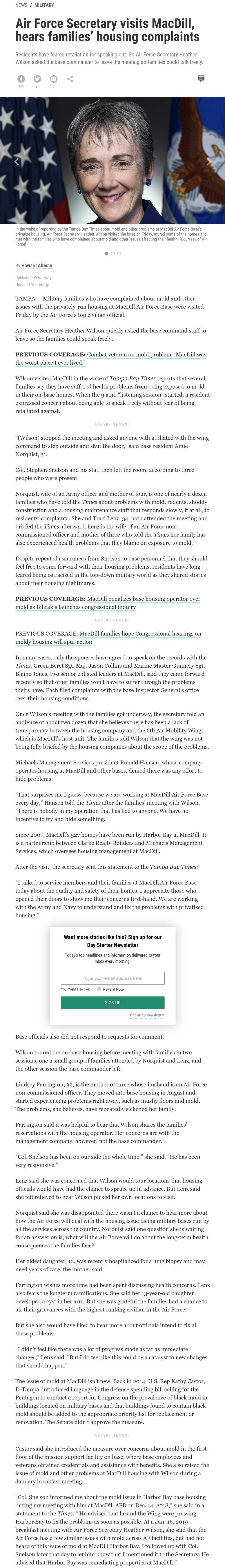 Article Air Force Secretary visits MacDill, hears families’ housing complaints Air Force Secretary visits MacDill, hears families’ housing complaints by Howard Altman, Tampa Bay Times 3/1/2019
