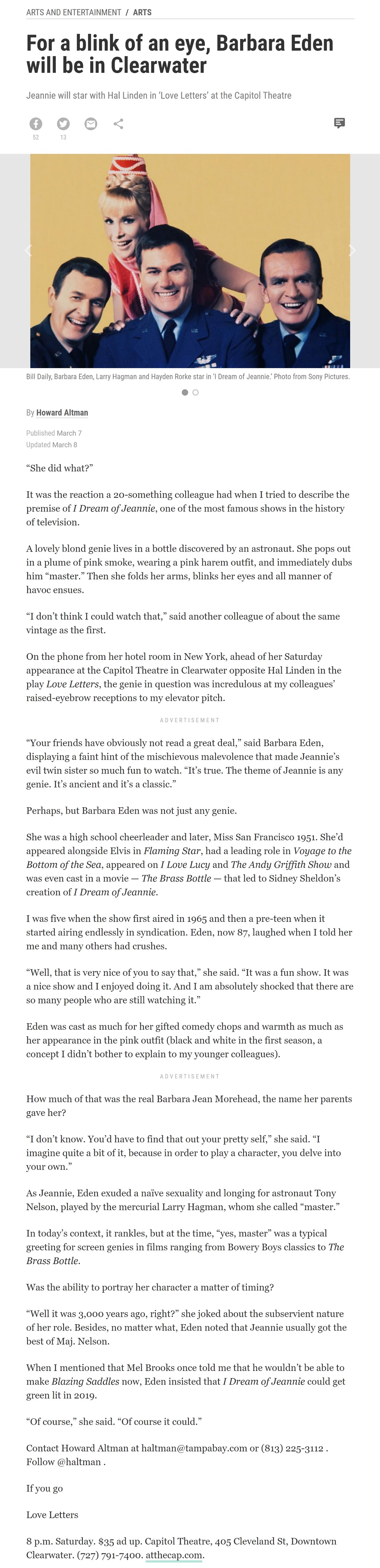 Article For a blink of an eye, Barbara Eden will be in Clearwater For a blink of an eye, Barbara Eden will be in Clearwater by Howard Altman, Tampa Bay Times 3/7/2019