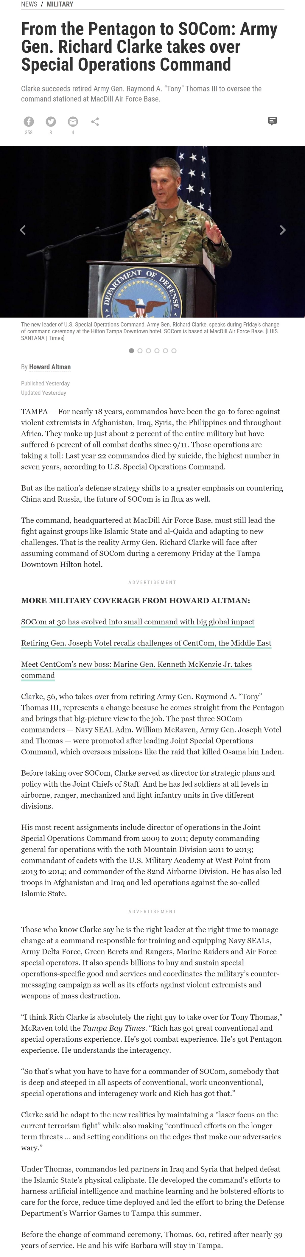From the Pentagon to SOCom: Army Gen. Richard Clarke takes over Special Operations Command by Howard Altman, Tampa Bay Times 3/29/2019