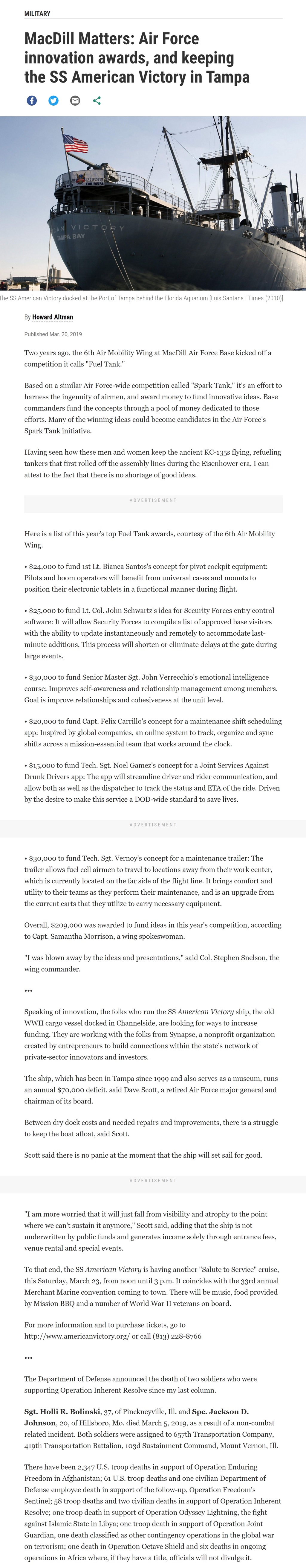 MacDill Matters: Air Force innovation awards, and keeping the SS American Victory in Tampa by Howard Altman, Tampa Bay Times 3/20/2019