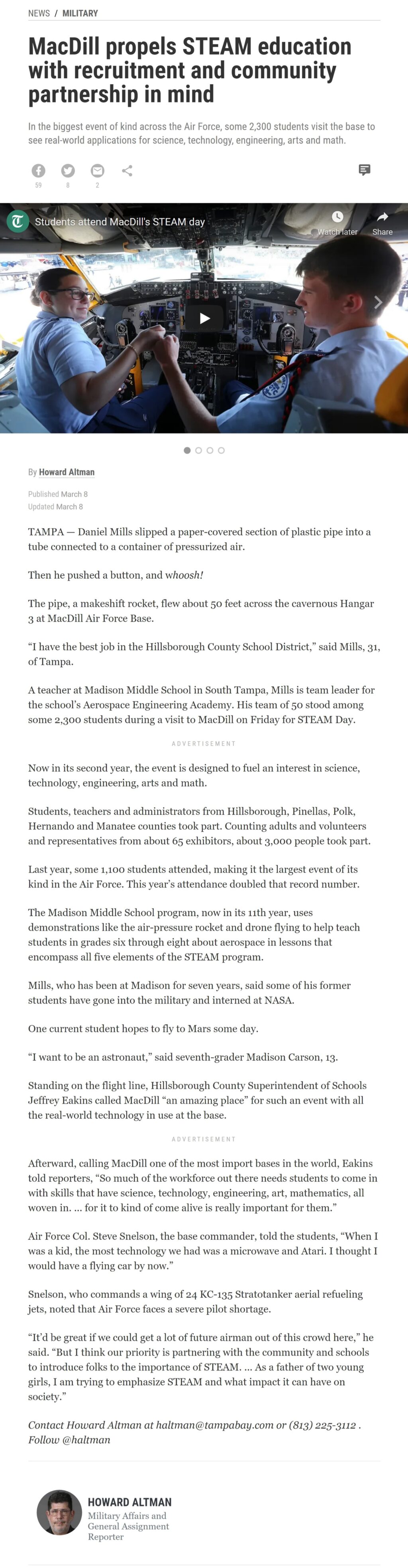 MacDill propels STEAM education with recruitment and community partnership in mind by Howard Altman, Tampa Bay Times 3/8/2019