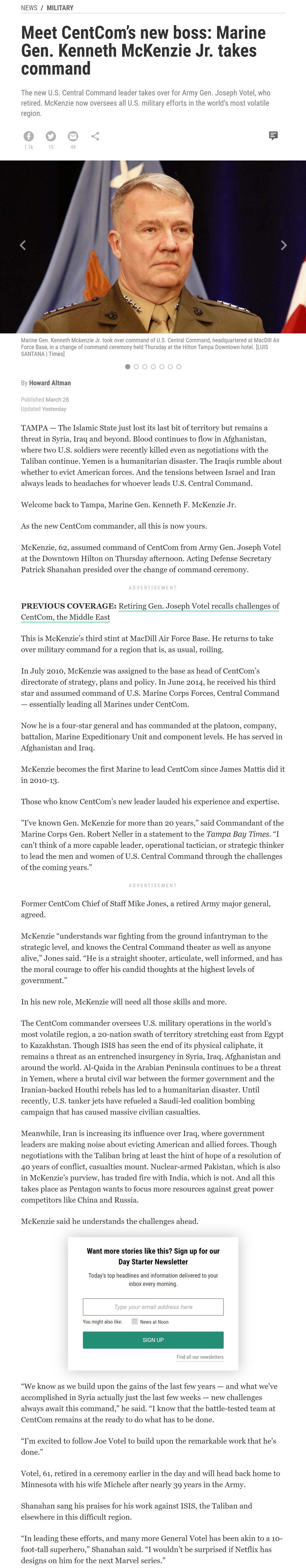 Article Meet CentCom’s new boss: Marine Gen. Kenneth McKenzie Jr. takes command Meet CentCom’s new boss: Marine Gen. Kenneth McKenzie Jr. takes command by Howard Altman, Tampa Bay Times 3/28/2019