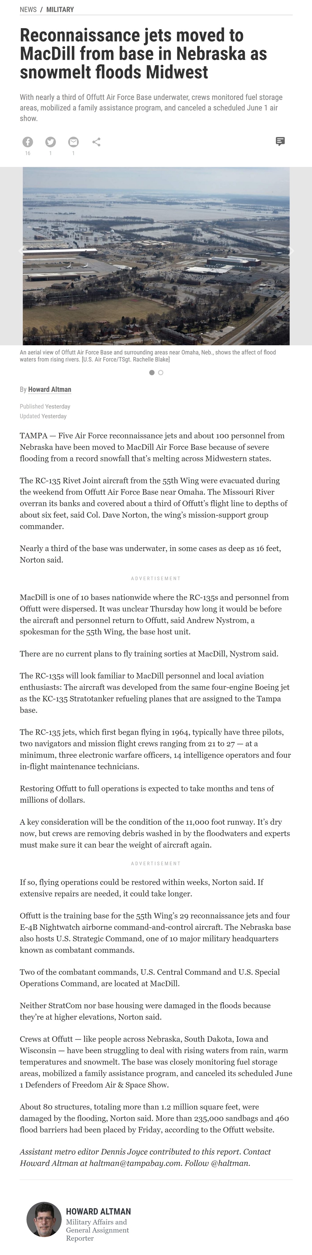 Article Reconnaissance jets moved to MacDill from base in Nebraska as snowmelt floods Midwest Reconnaissance jets moved to MacDill from base in Nebraska as snowmelt floods Midwest by Howard Altman, Tampa Bay Times 3/22/2019