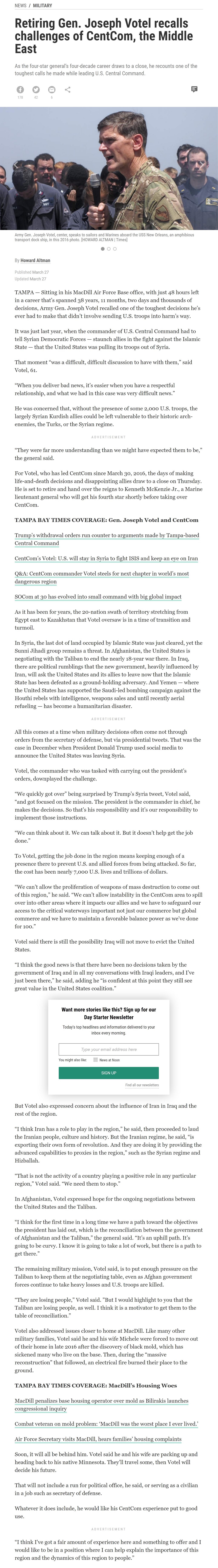 Article Retiring Gen. Joseph Votel recalls challenges of CentCom, the Middle East Retiring Gen. Joseph Votel recalls challenges of CentCom, the Middle East by Howard Altman, Tampa Bay Times, 3/27/2019