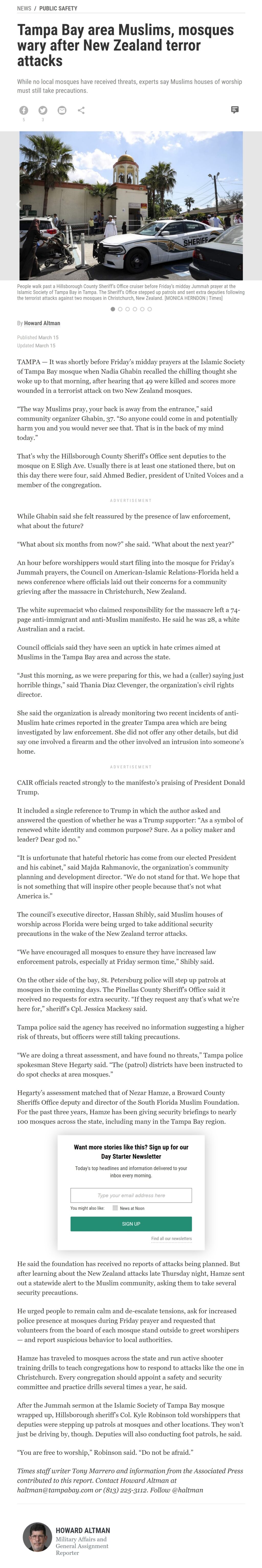 Article Tampa Bay area Muslims, mosques wary after New Zealand terror attacks Tampa Bay area Muslims, mosques wary after New Zealand terror attacks by Howard Altman, Tampa Bay Times 3/15/2019