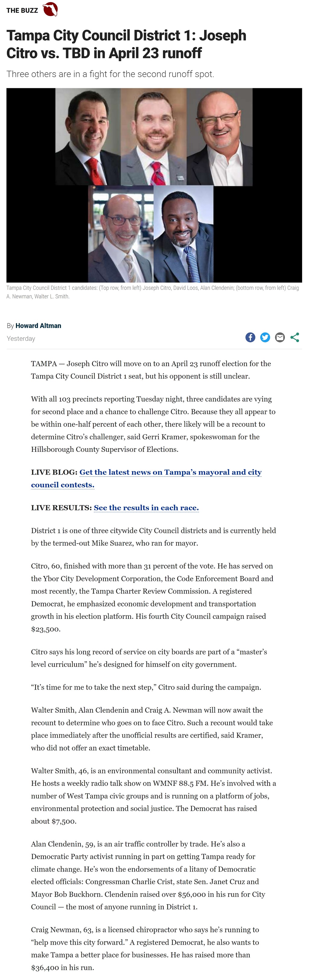 Article Tampa City Council District 1: Joseph Citro vs. TBD in April 23 runoff Tampa City Council District 1: Joseph Citro vs. TBD in April 23 runoff by Howard Altman, Tampa Bay Times 3/5/2019