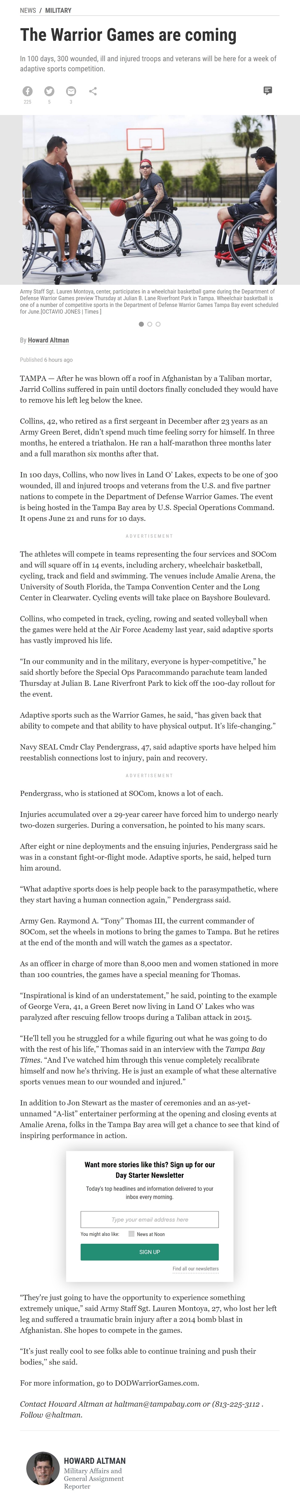 Article The Warrior Games are coming The Warrior Games are coming by Howard Altman, Tampa Bay Times 3/14/2019
