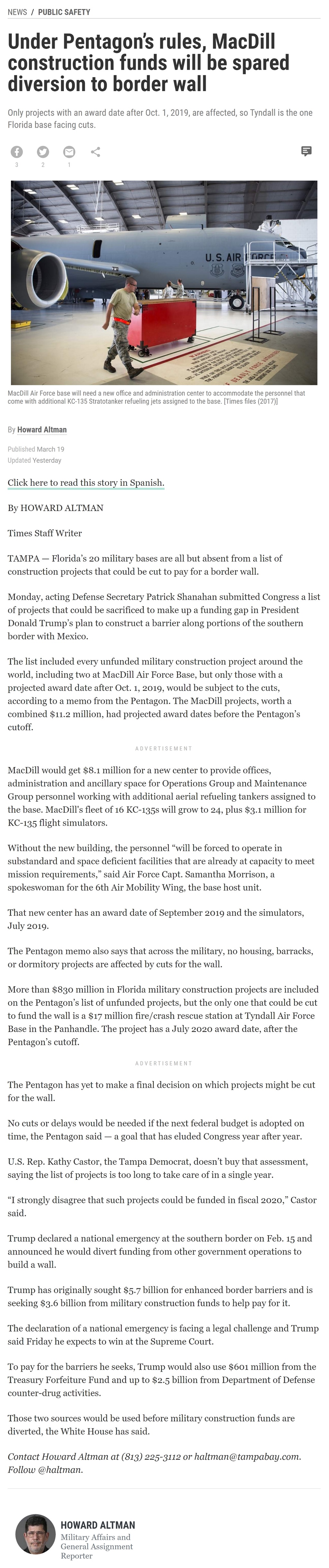 Under Pentagon’s rules, MacDill construction funds will be spared diversion to border wall by Howard Altman, Tampa Bay Times 3/19/2019