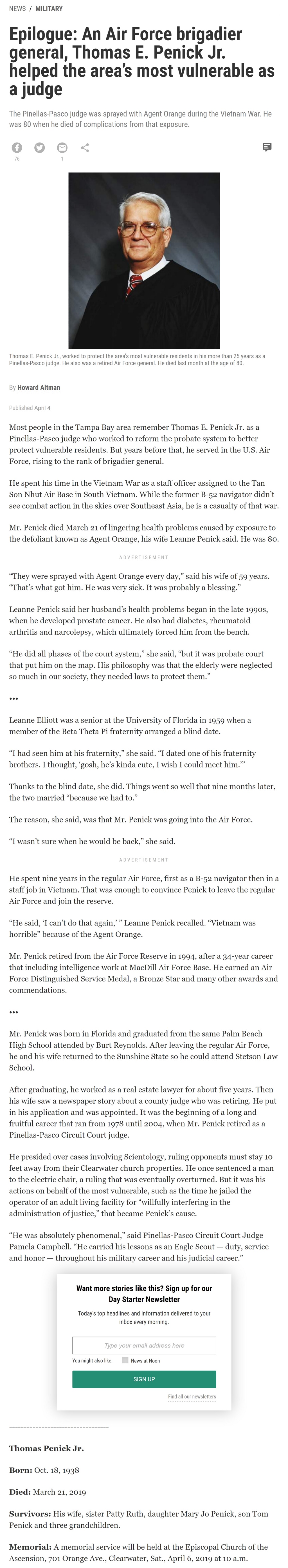 Epilogue: An Air Force brigadier general, Thomas E. Penick Jr. helped the area’s most vulnerable as a judge by Howard Altman, Tampa Bay Times 4/4/2019