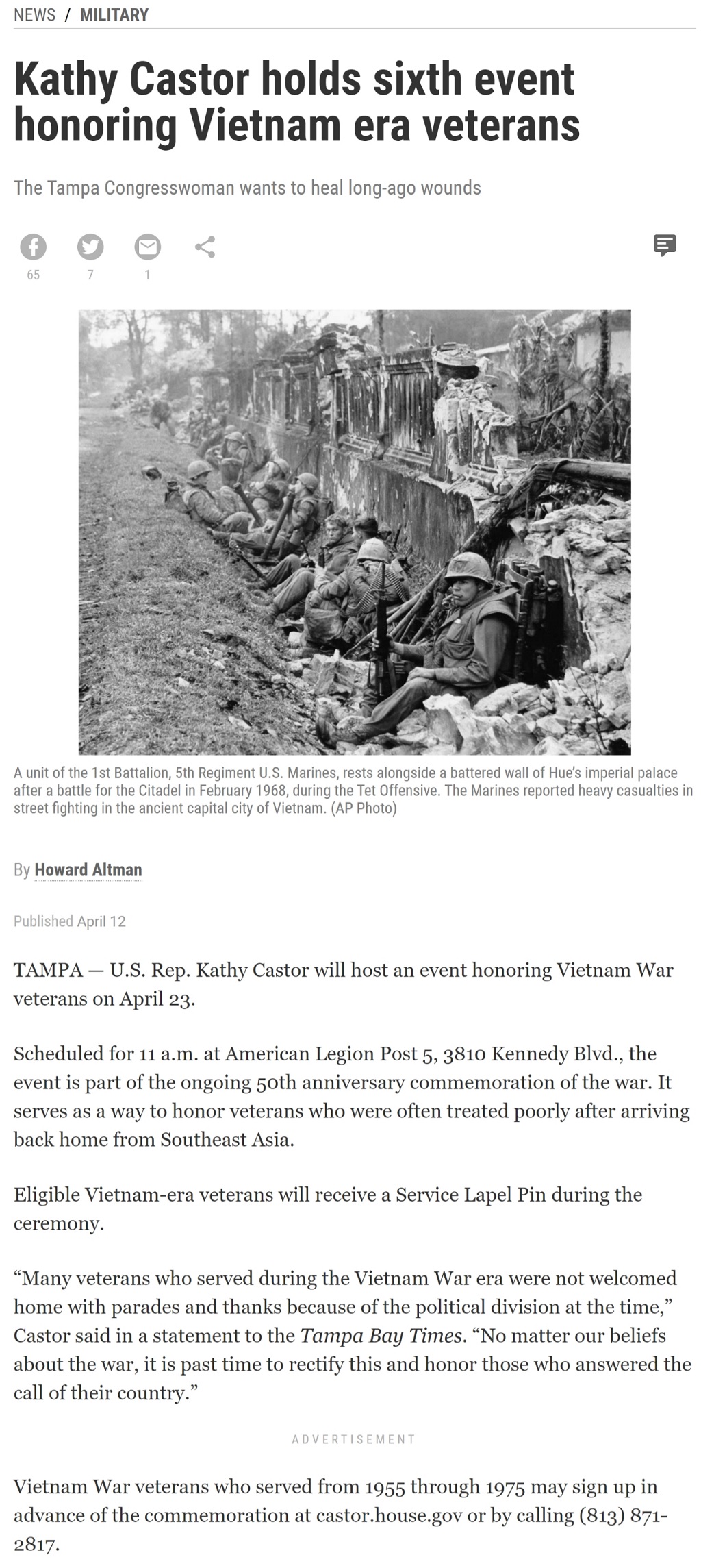 Kathy Castor holds sixth event honoring Vietnam era veterans by Howard Altman, Tampa Bay Times 4-12-2019